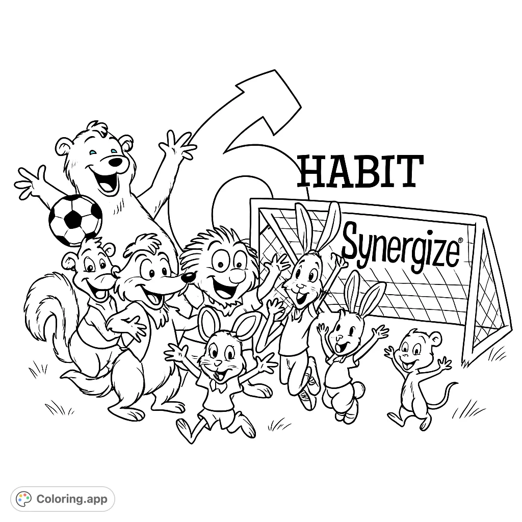 Join a lively team of animal friends playing soccer, celebrating teamwork and synergy. A fun, engaging coloring page for all ages!