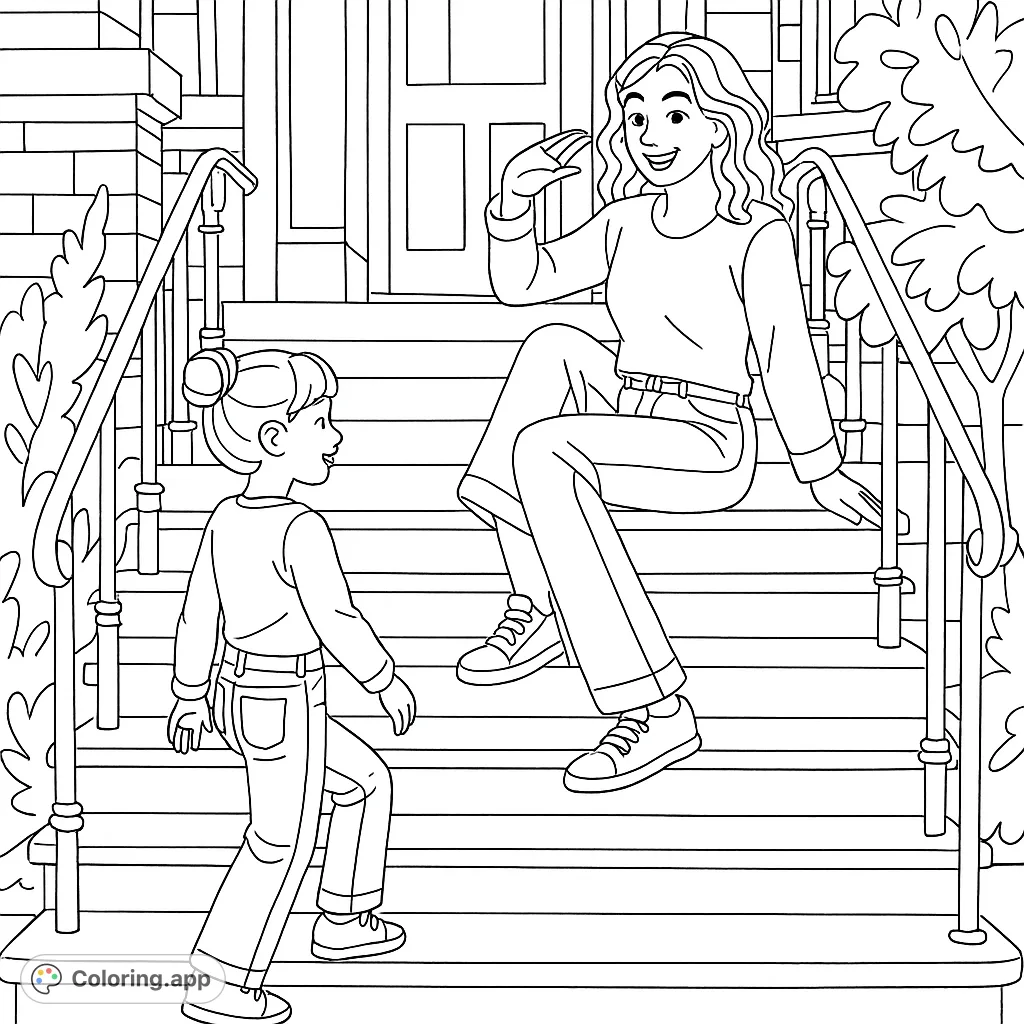 Two young individuals relax on a grand staircase, one seated on the railing, the other standing below. A casual scene perfect for creative expression.