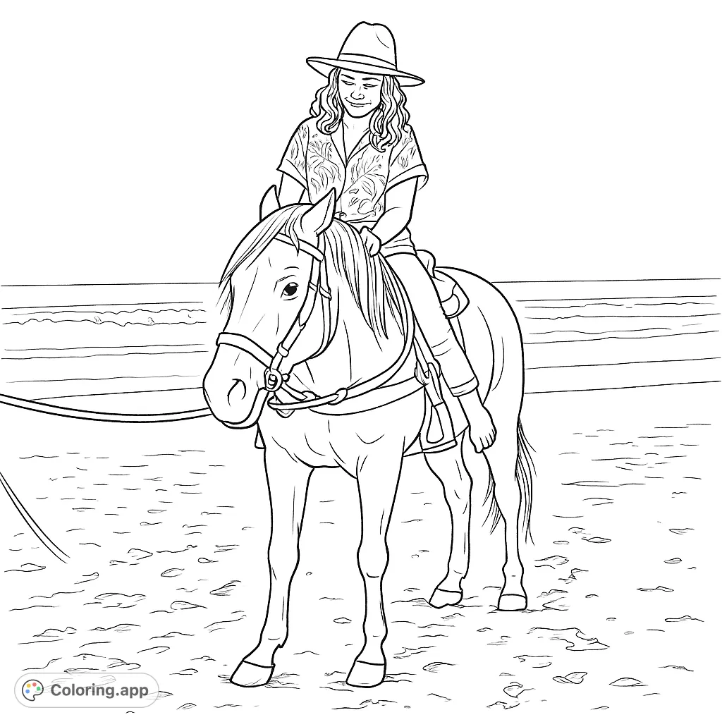 A serene horseback ride along the ocean shore. A person on a horse, with waves gently breaking in the background, offers a peaceful scene to color.