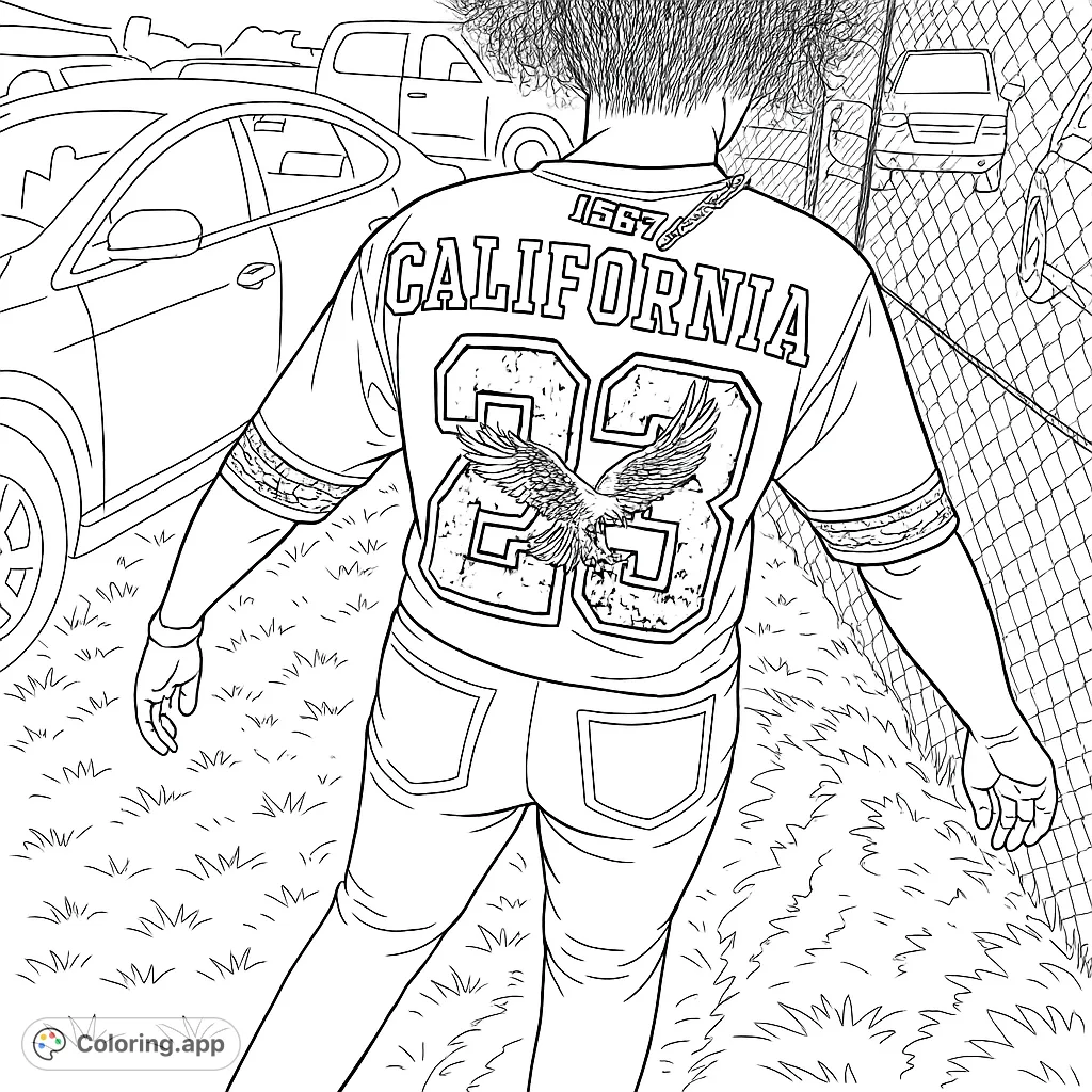 Color a person in a stylish California jersey featuring an eagle and numbers, set against an urban backdrop with cars and a fence. Perfect for fashion enthusiasts.