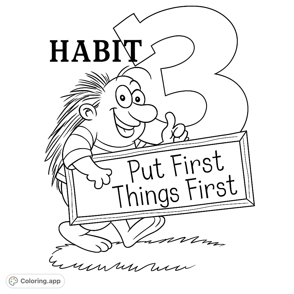 A cheerful, spiky character holds a chalkboard with 'Put First Things First' next to a large 'Habit 3'. A fun, educational coloring page for kids.
