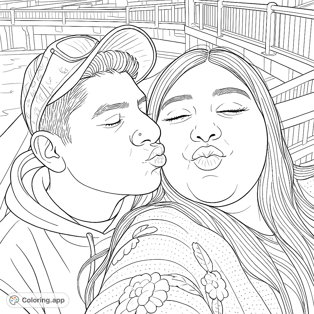 A tender moment between a couple, with one kissing the other's cheek, set against a scenic bridge. Perfect for expressing affection.