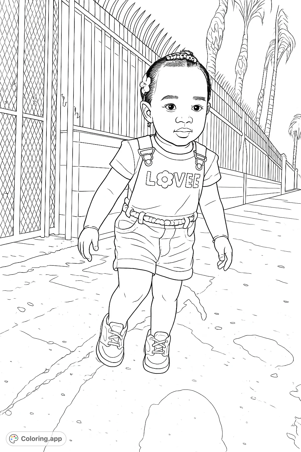 An adorable toddler in overalls stands on a sidewalk, ready for adventure. Features a detailed fence and palm trees in the background. Perfect for young artists.
