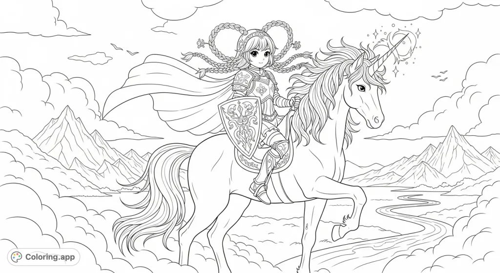 A cute girl warrior on a majestic unicorn, soaring above clouds with mountains and a winding river below. A magical fantasy scene for coloring fun!