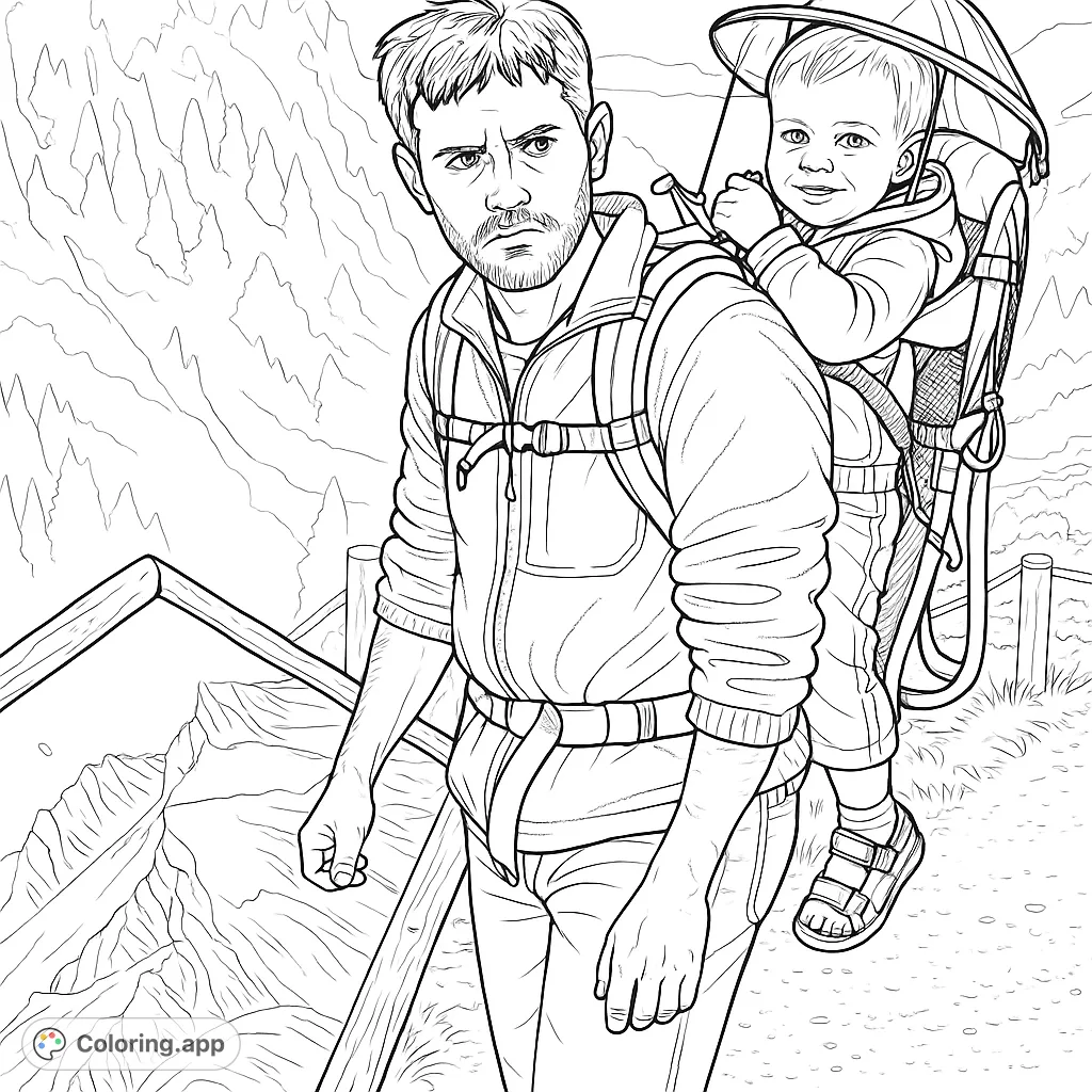 A father and child on a mountain hike, with a detailed carrier and scenic backdrop. Perfect for nature and family adventure coloring page enthusiasts.