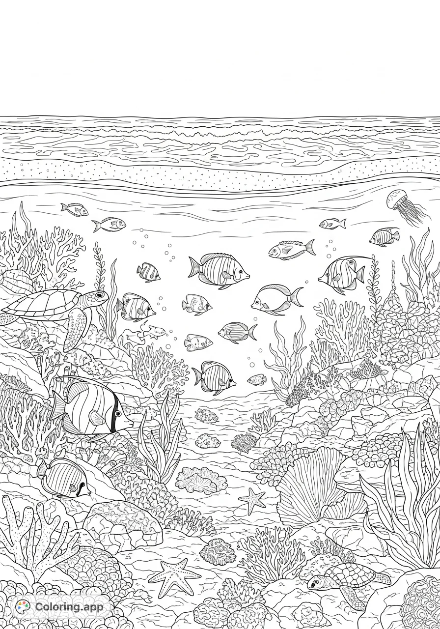 Explore a serene beach leading to a vibrant coral reef teeming with diverse ocean animals. A detailed underwater world awaits your creative touch.