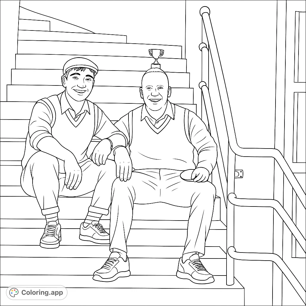 Two smiling friends pose on a textured staircase, one with a cap and a drink, the other balancing a small trophy. A fun scene for coloring.