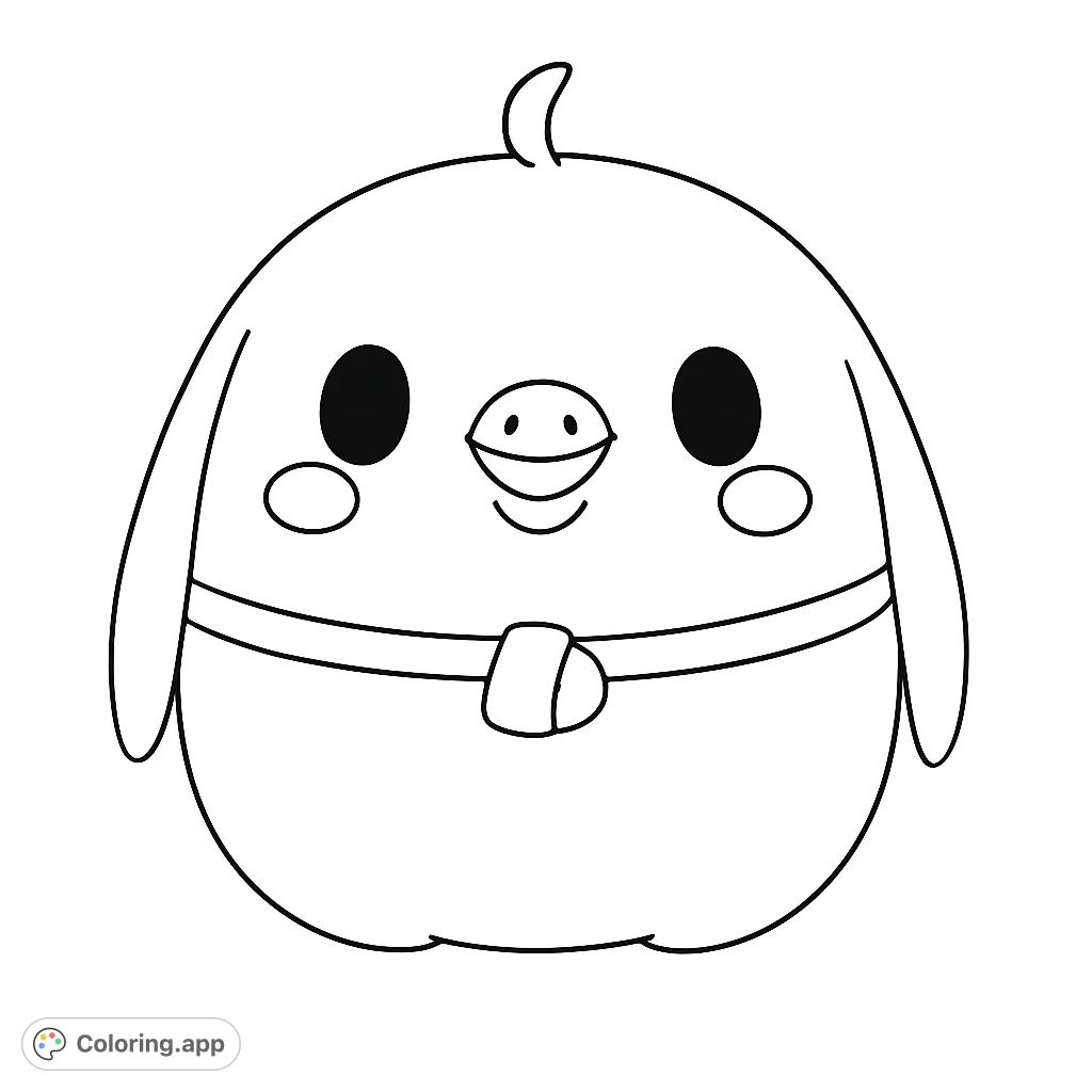 A charming, plump bird character with a sweet smile and a ribbon, perfect for a delightful coloring experience. Simple and adorable.