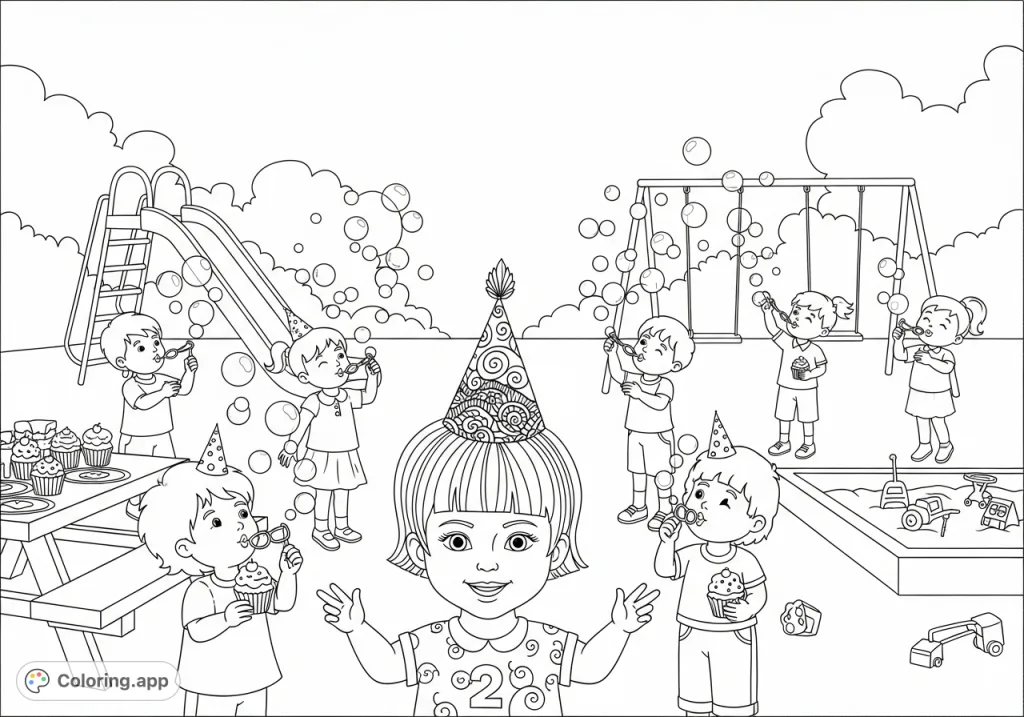 A joyful playground birthday scene with a two-year-old girl in a hennin hat, surrounded by friends, bubbles, and cupcakes. Perfect for a fun coloring activity.