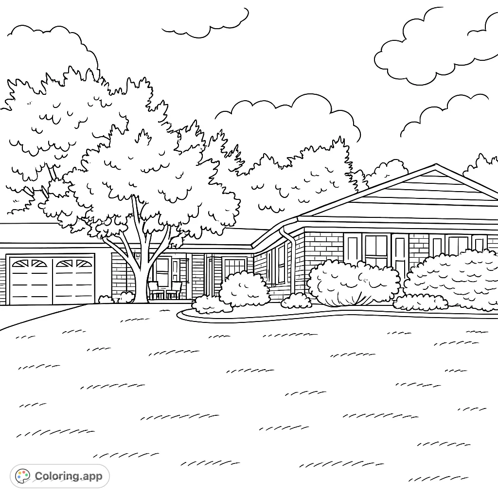 A charming suburban house with a spacious lawn, mature trees, and inviting porch, perfect for a relaxing coloring experience.