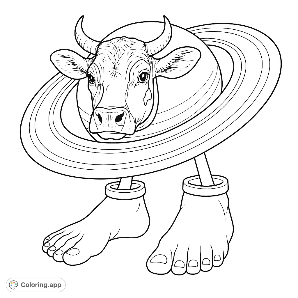A whimsical creature featuring a cow's head, a ringed planet body, and human feet. A surreal and fun cosmic adventure awaits your colors!