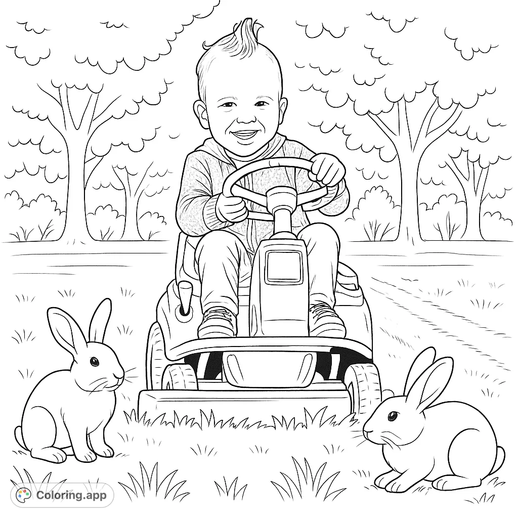 A joyful child drives a riding lawnmower in a grassy field with rabbits. This fun scene is perfect for a free printable coloring page, sparking imagination.