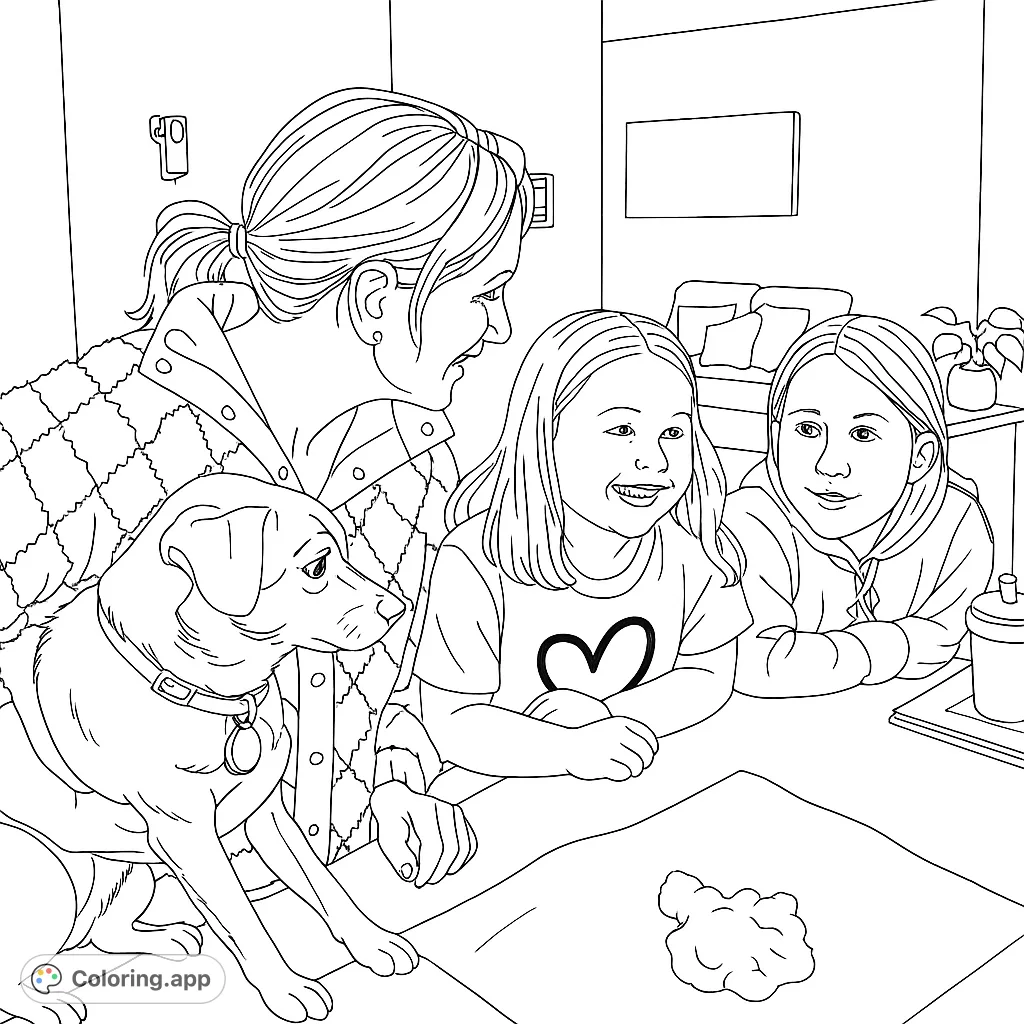 A heartwarming family baking scene featuring an adult, two smiling children, and their pet dog gathered around a kitchen counter. A delightful free printable coloring page.