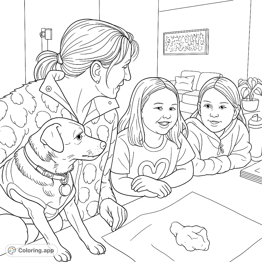 A heartwarming scene of a family and their pet in the kitchen, ready for a fun activity. Perfect for all ages to color and enjoy.