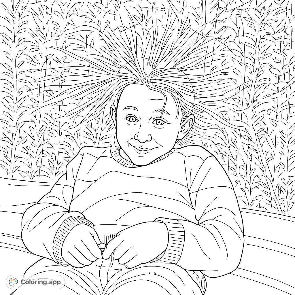 A cheerful child with static hair, wearing a striped sweater, sits against a leafy background. A fun and playful scene perfect for coloring!