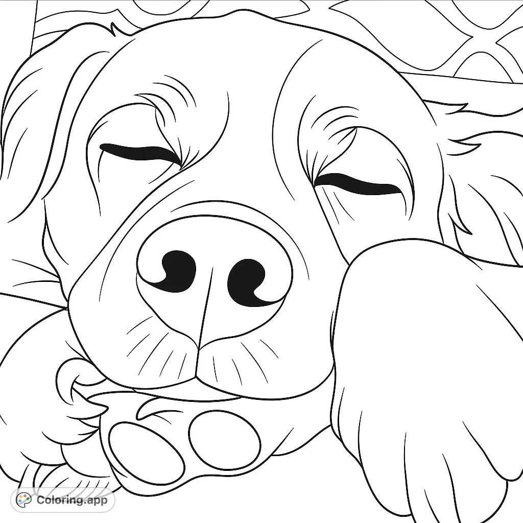 A peaceful close-up of a sleeping dog, head resting on its paws. Perfect for a relaxing coloring experience.
