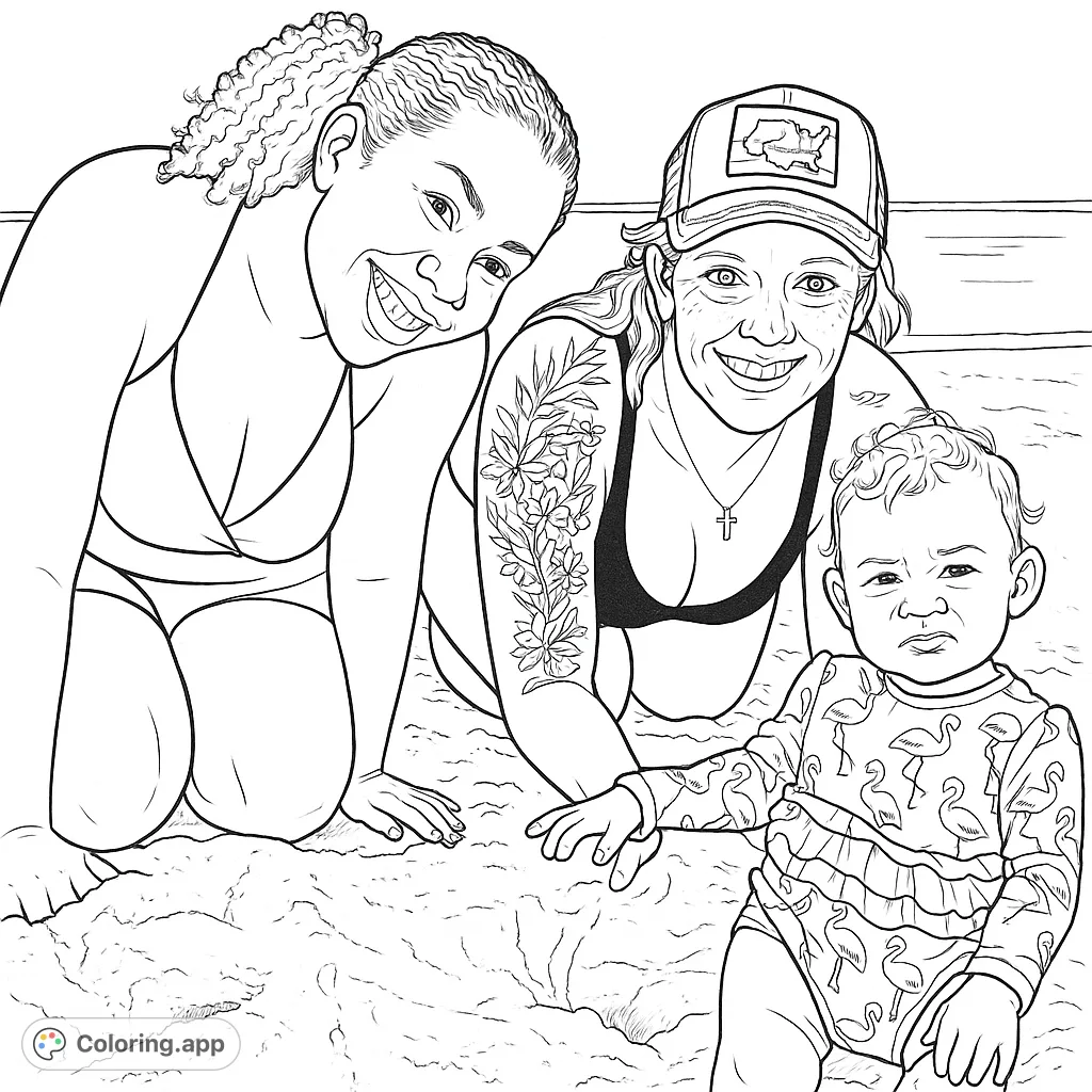 Capture a joyful family beach day with two adults and a baby playing in the sand. A heartwarming scene perfect for a relaxing coloring experience.