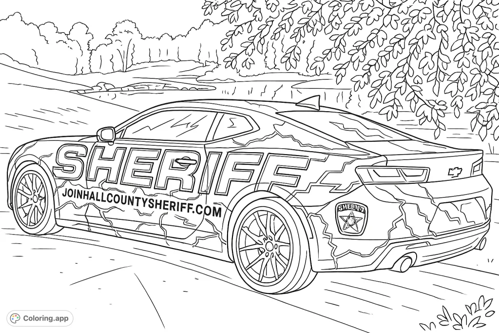 Dynamic sheriff sports car coloring page featuring bold lettering, lightning patterns, and a scenic golf course backdrop. A thrilling vehicle for creative expression.