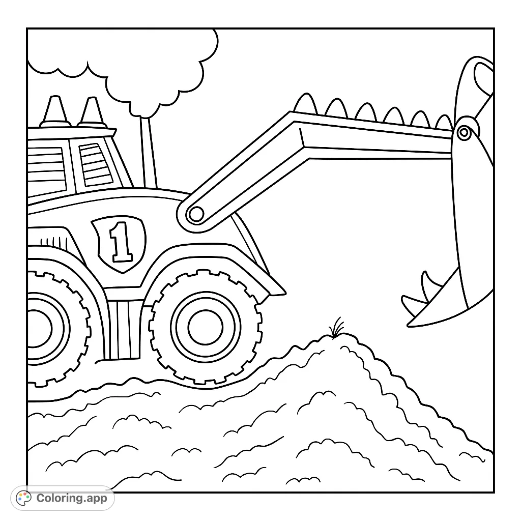 A playful dinosaur excavator on an earth mound, ready for adventure! Perfect for kids who love construction vehicles and prehistoric creatures.