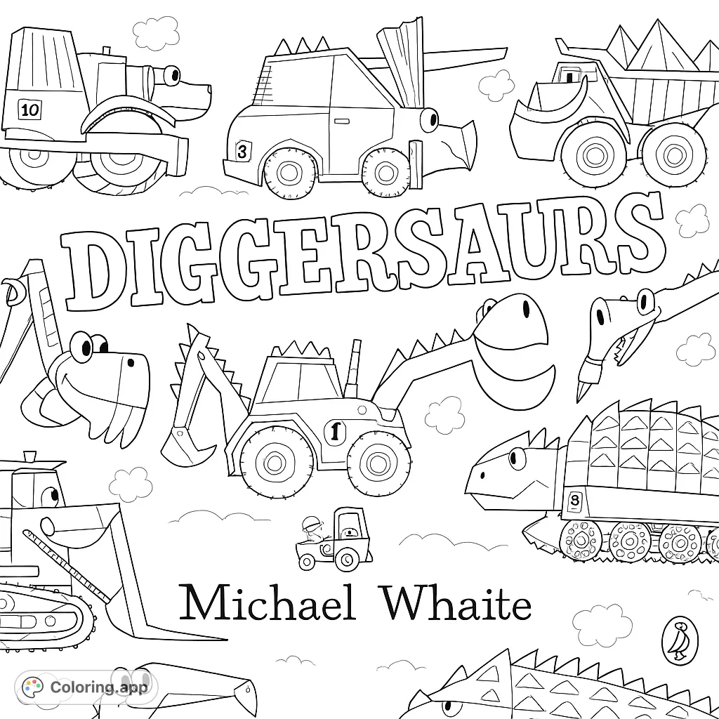 A playful scene of dinosaur-themed construction vehicles, including excavators, dump trucks, and steamrollers, ready for a creative coloring adventure.