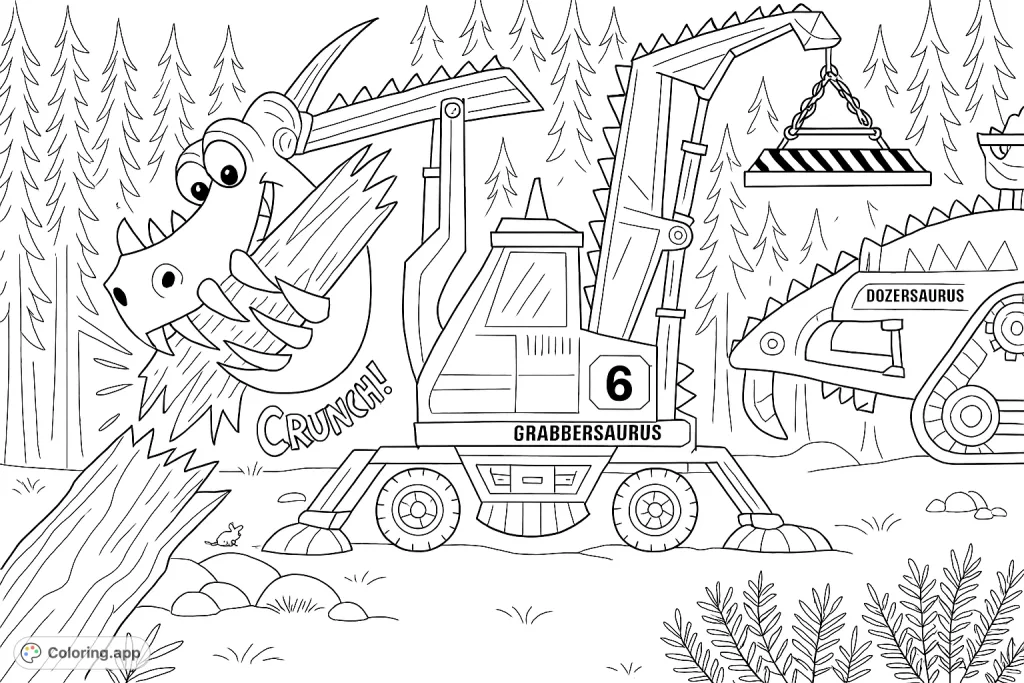 A fun dinosaur construction vehicle, Grabbersaurus, crunches a tree trunk in a forest, with another vehicle nearby. A dynamic scene for kids.