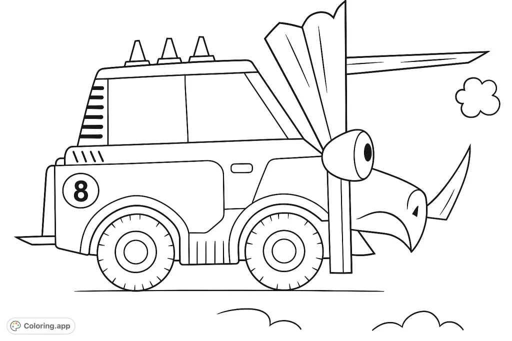 A fun dinosaur-themed vehicle coloring page, featuring a truck with horns, a frill, and a number '8'. Perfect for kids who love cars and prehistoric creatures!