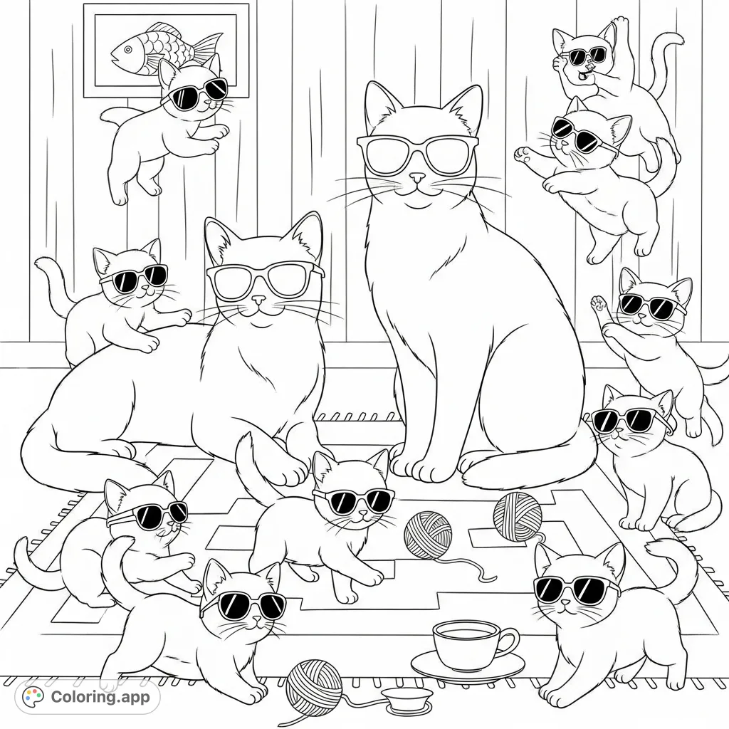 A delightful coloring page featuring two stylish adult cats and eight adorable kittens, all sporting cool sunglasses in a playful scene, perfect for all ages.
