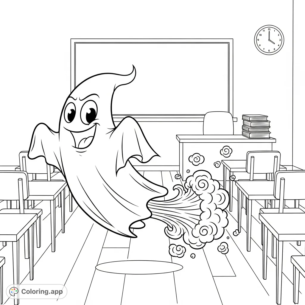 A mischievous cartoon ghost floats in a classroom, comically releasing a swirling cloud of vapor, creating a humorous and playful scene.