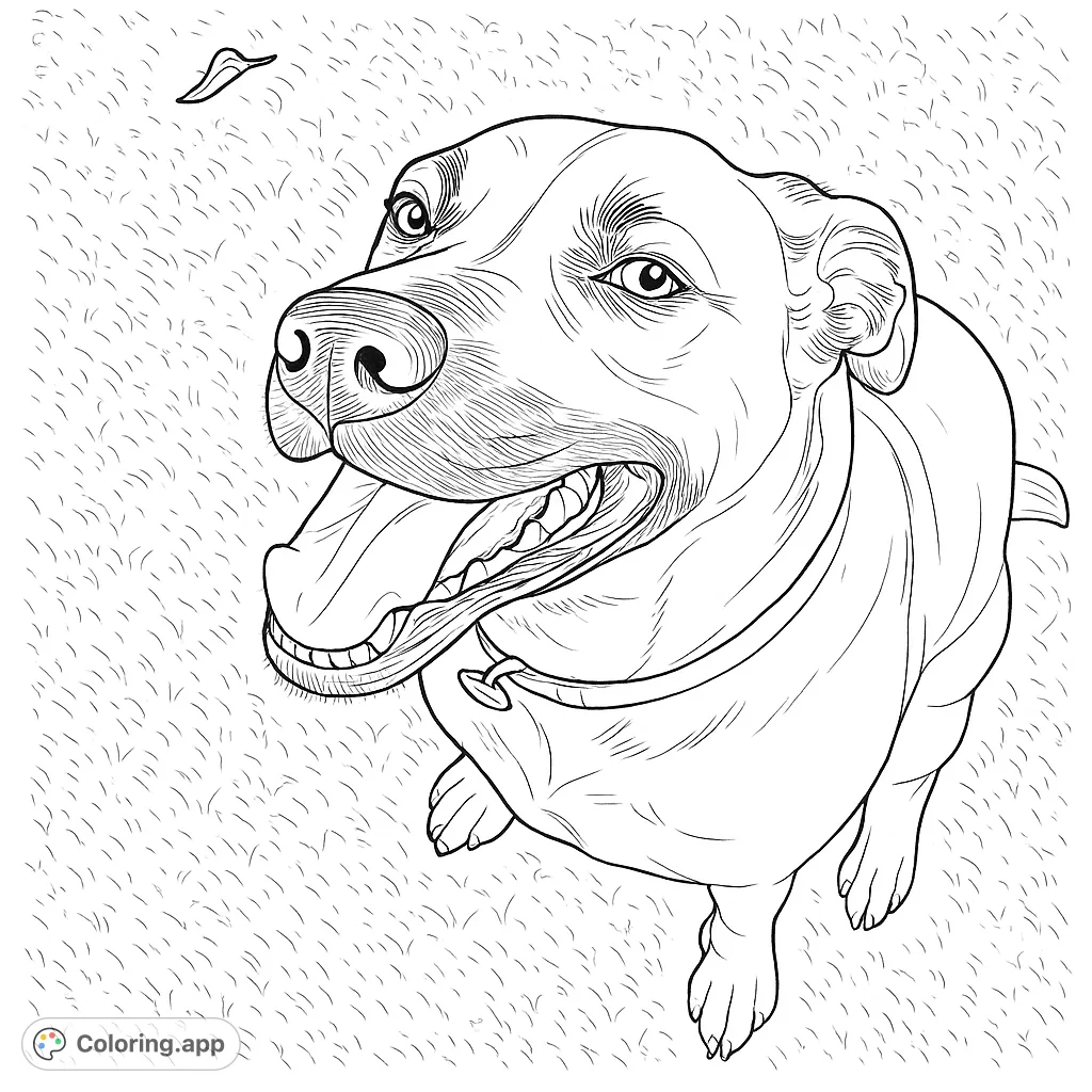 A delightful dog sits looking up with an open mouth and expressive eyes, surrounded by textured grass, perfect for a fun coloring page.