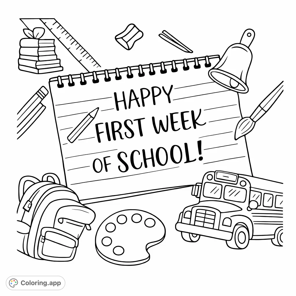 Celebrate the start of the academic year with a fun back to school coloring page! Features a school bus, backpack, art supplies, and books, all ready for a creative coloring adventure.