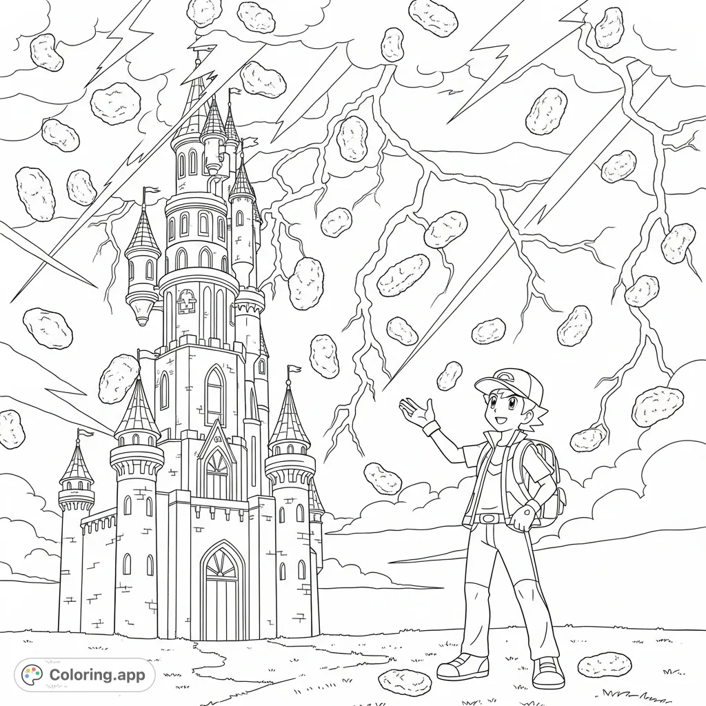 A Pokemon trainer marvels at a grand castle as lightning and chicken nuggets rain down from the sky. A whimsical, imaginative coloring adventure awaits!