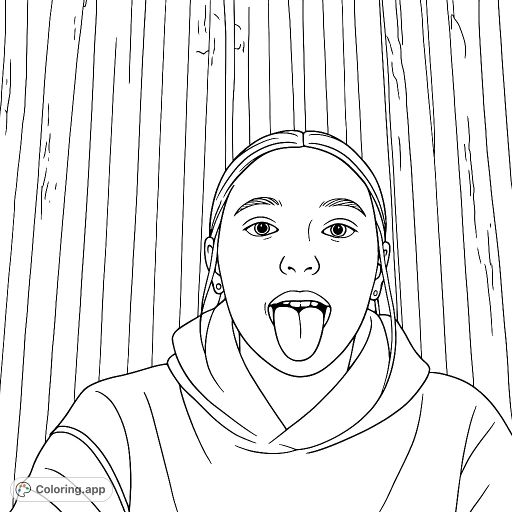 A fun and expressive portrait of a person playfully sticking out their tongue, set against a textured wooden background. Perfect for creative coloring.