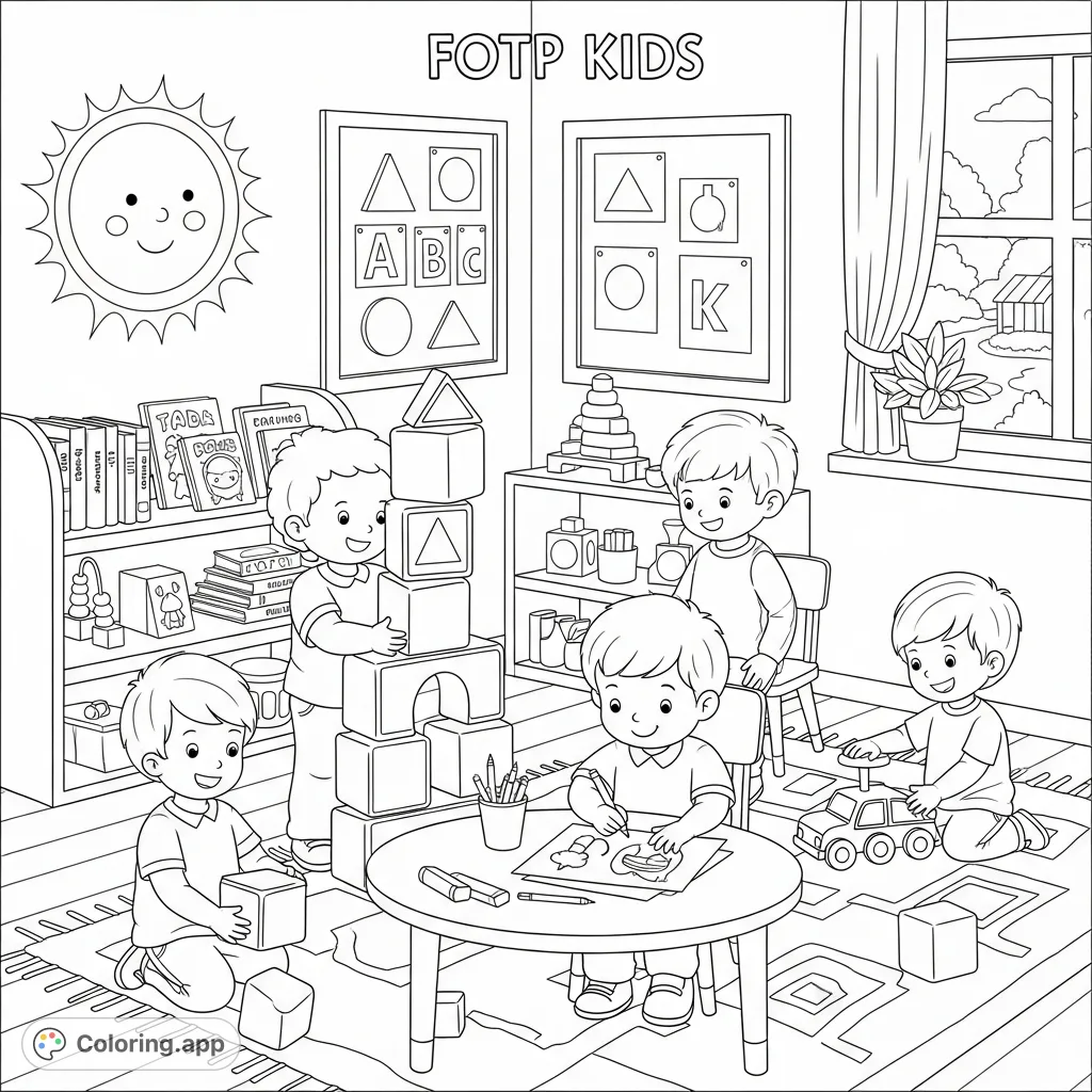 Explore a vibrant preschool classroom scene with FOTP KIDS engaged in playful learning. Stack blocks, draw, and read in this delightful, detailed coloring page.