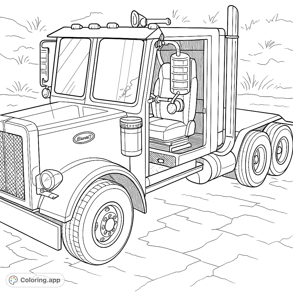 Detailed miniature semi-truck, perfect for truck enthusiasts. Features a classic grille, large wheels, and chrome accents for a fun coloring challenge.