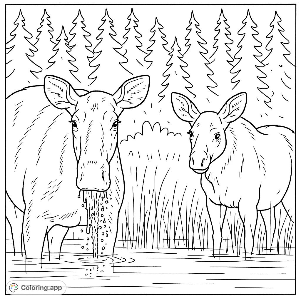 A majestic moose and its calf stand in tranquil water amidst tall grass, offering a serene wildlife scene for a captivating coloring experience.