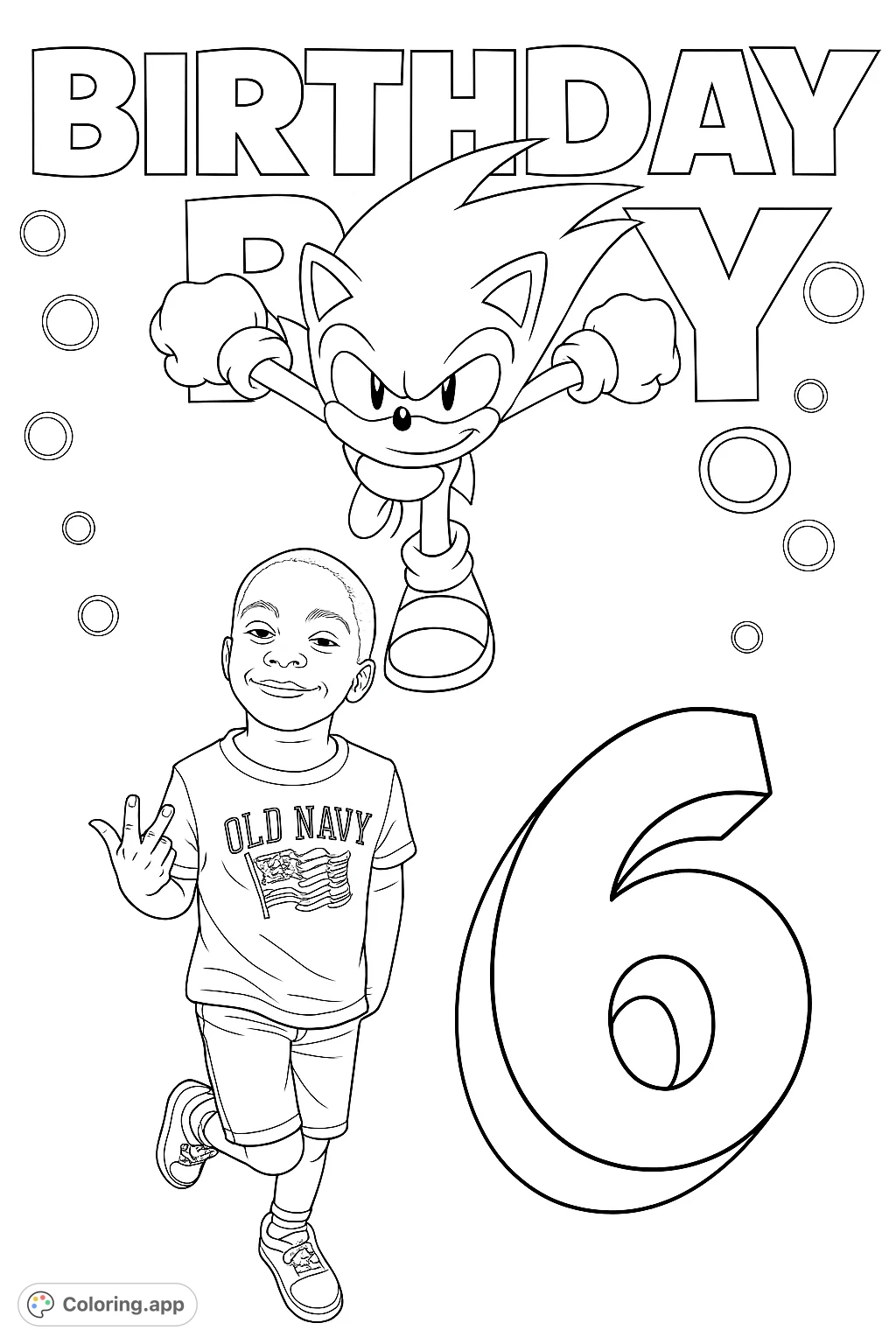 Celebrate a special birthday with Sonic the Hedgehog, a happy child, and a big number 6, perfect for a fun coloring activity.