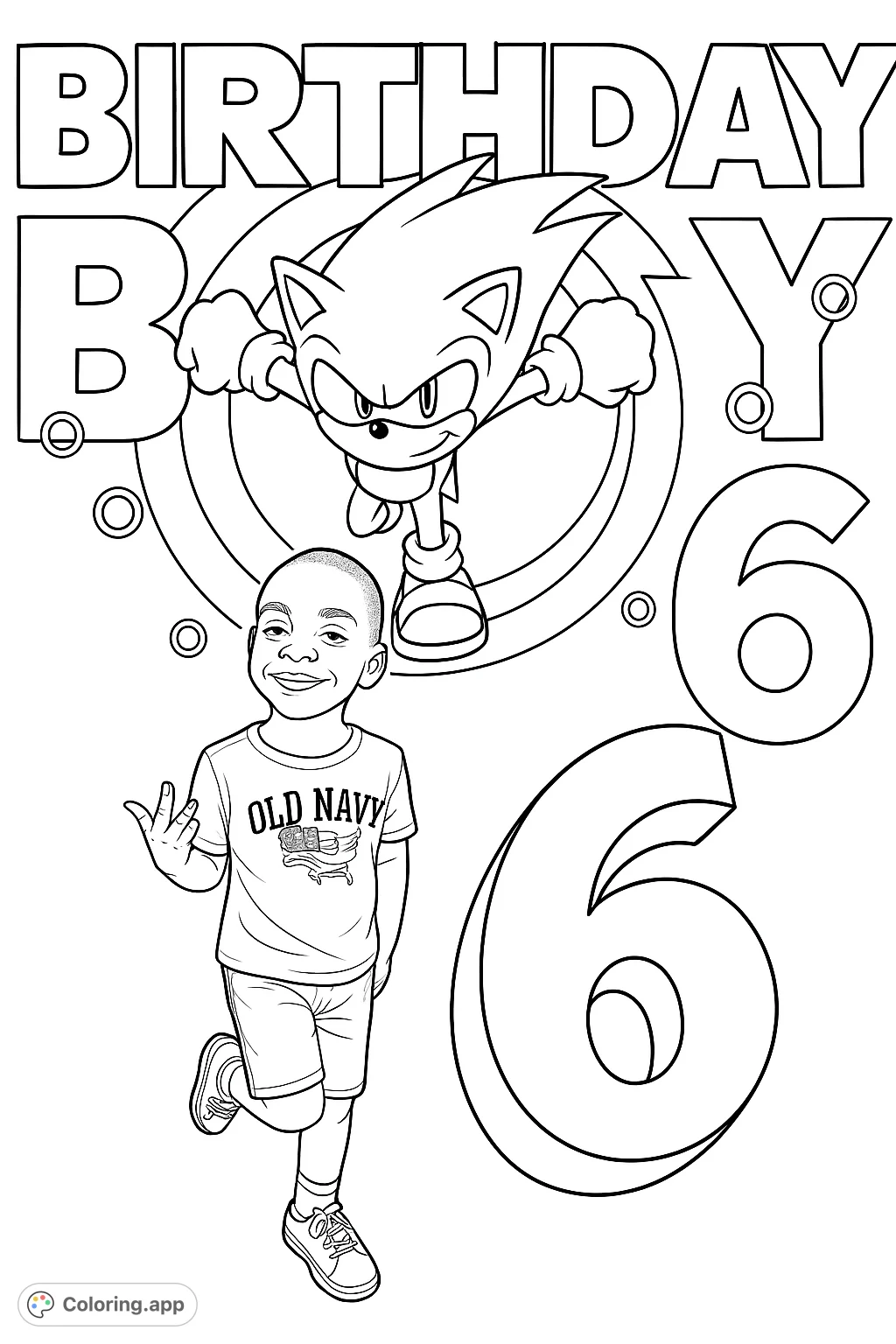 Celebrate a special birthday with Sonic the Hedgehog, a happy child, and a big number 6, perfect for a fun coloring activity.