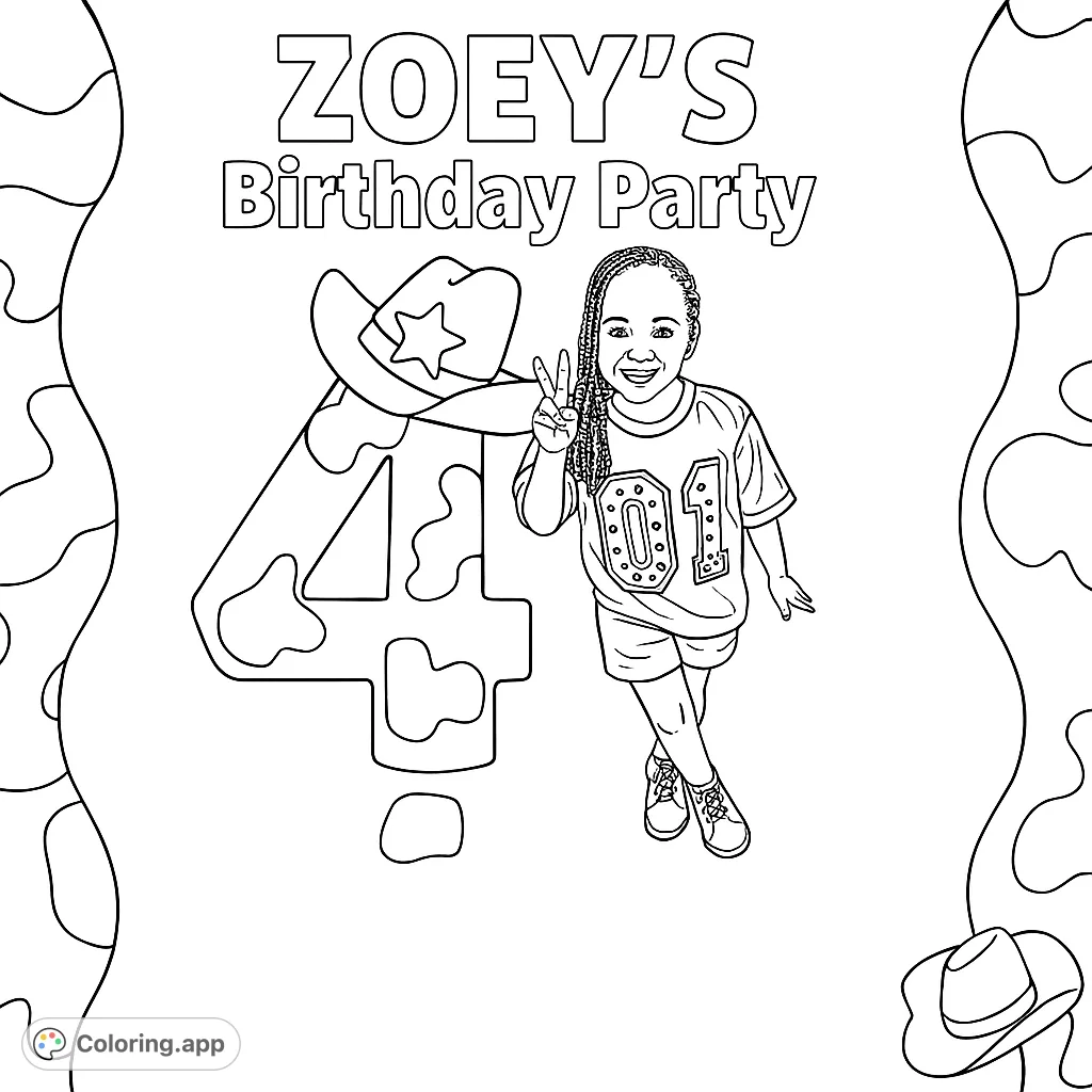 Celebrate a special birthday with this fun coloring page featuring a smiling child, a large number four, a cowboy hat, and playful cow print patterns.