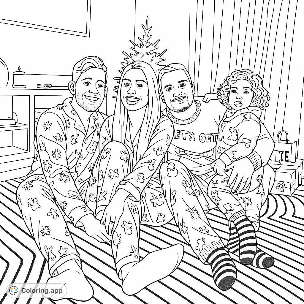 A heartwarming family scene in festive pajamas, perfect for holiday coloring. Features a small decorated tree and cozy home details.