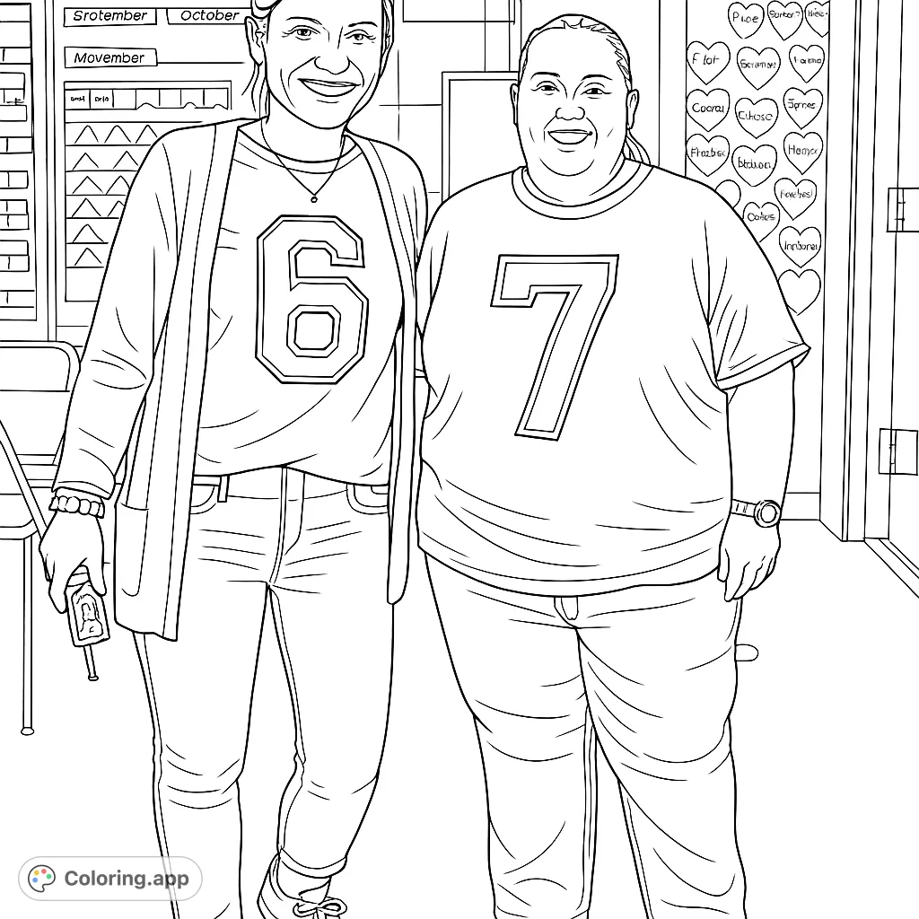 Two friendly figures in numbered shirts stand in a classroom, ready for a fun coloring adventure. Perfect for learning numbers and creative expression.