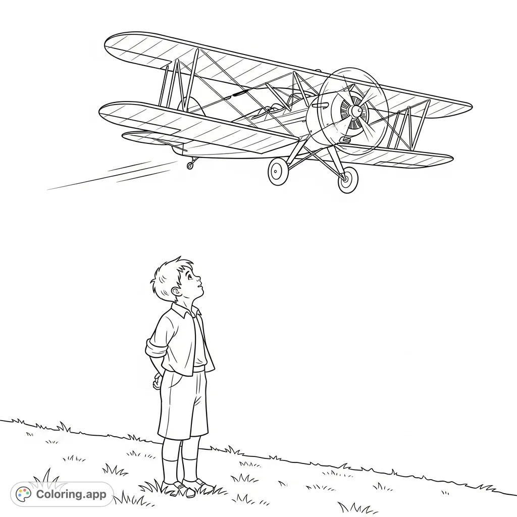 A young boy looks up in awe as a classic bi-plane flies overhead in a vast, open sky. A charming scene for aviation enthusiasts and dreamers.