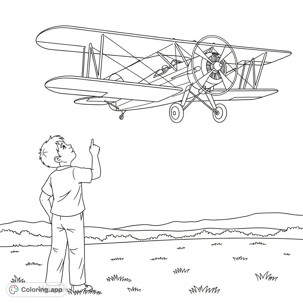 A young boy gazes up in awe at a classic bi-plane soaring overhead. This charming scene captures the wonder of flight, perfect for aviation enthusiasts.