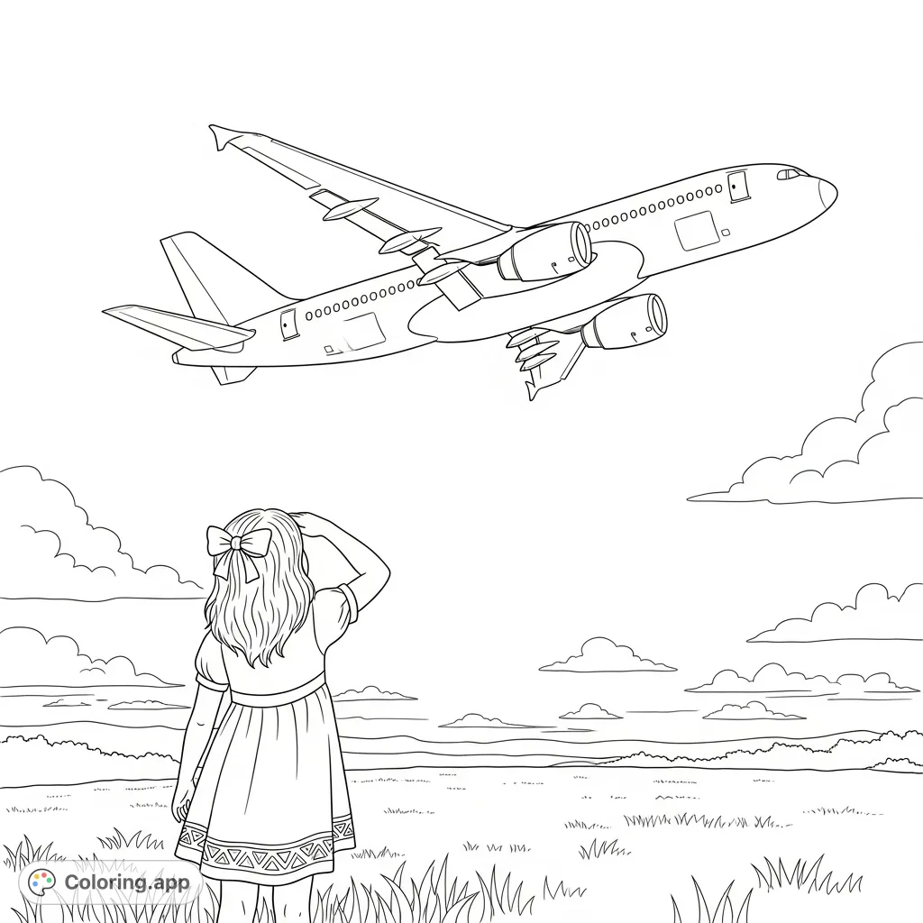 A young girl gazes up at a large passenger airplane flying high overhead in an open field, capturing a moment of wonder and the vastness of the sky.