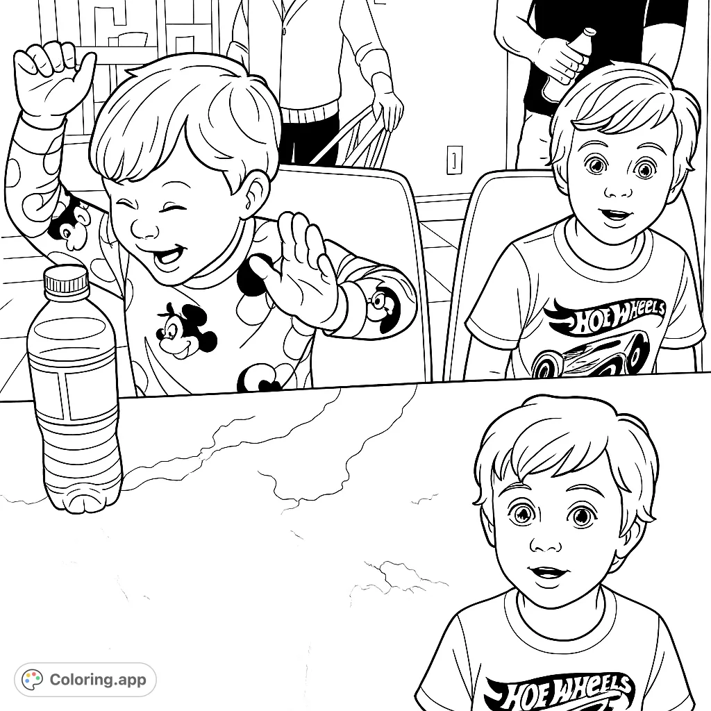 A delightful scene featuring two young boys at a table, one playfully gesturing and the other smiling. Perfect for capturing childhood joy.