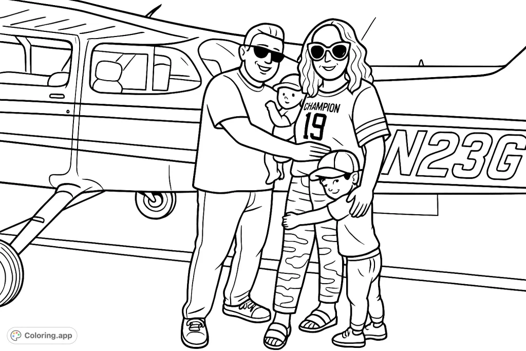 A cartoony family aviation coloring page featuring a happy family of four posing with a small airplane. Perfect for kids and adults, free printable fun!