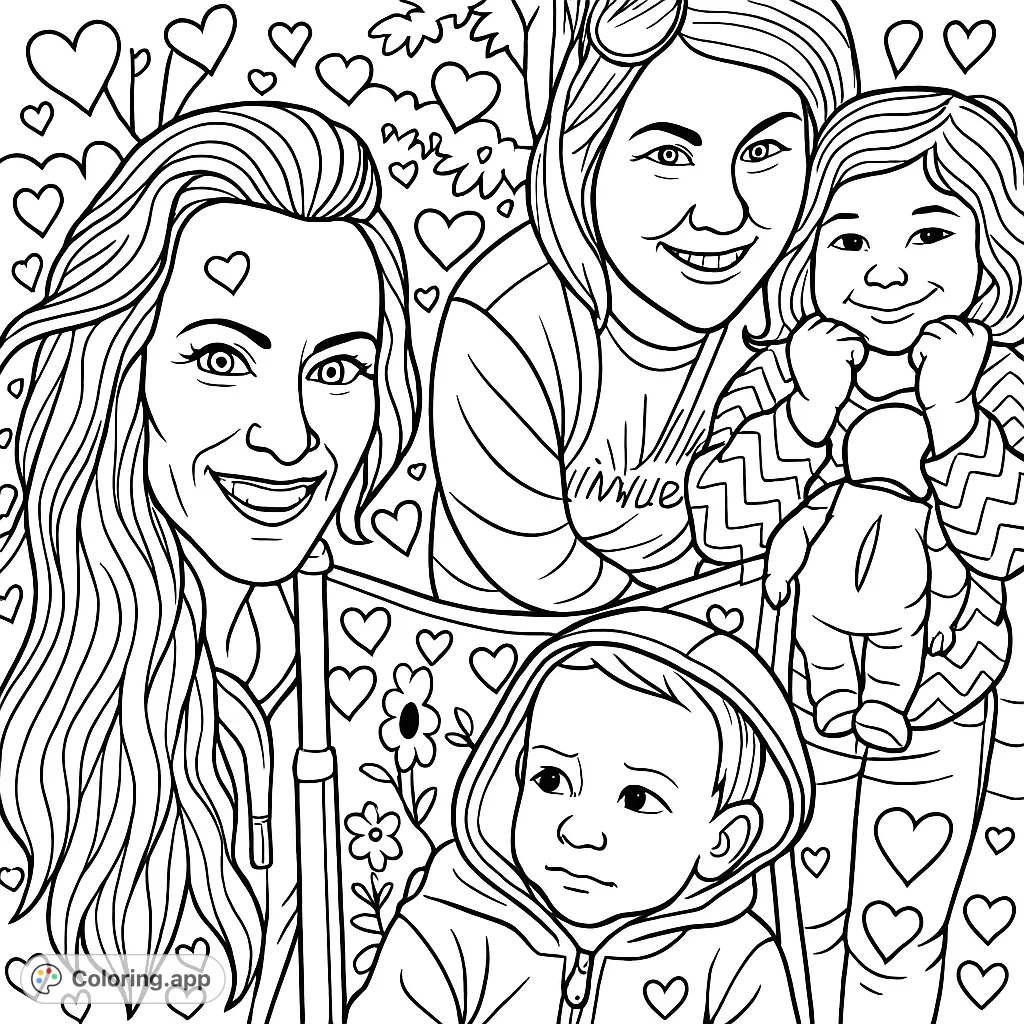 A heartwarming cartoony scene of a happy family, two adults and two children, enjoying an outing. Features bold outlines and decorative heart patterns for a joyful coloring experience.