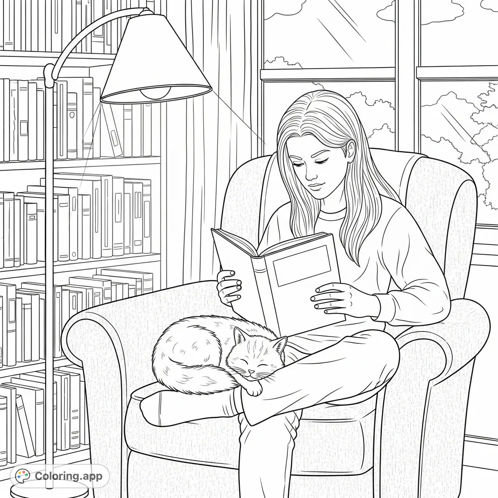 A high school student reads peacefully with a sleeping cat in a warm library corner, surrounded by books and soft light. A perfect cozy library coloring page.