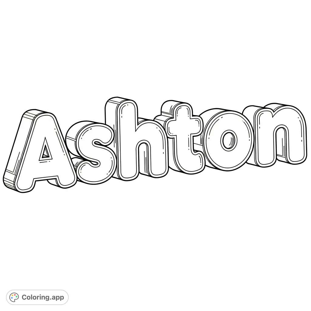 A fun and engaging coloring page featuring the name "Ashton" in large, rounded bubble letters, perfect for personalization and creative expression.
