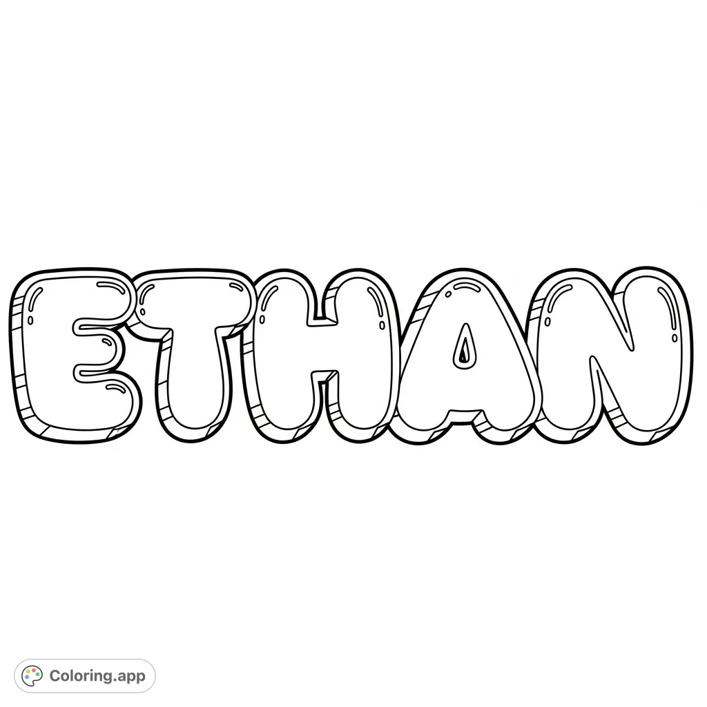 A fun and free printable ETHAN coloring page featuring the name in big, rounded bubble letters, perfect for personalization and creative expression.