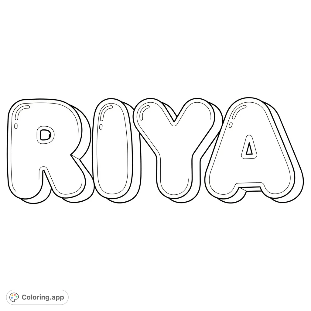 A fun and engaging RIYA bubble letters coloring page, perfect for personalizing with vibrant colors and patterns. Features large, rounded, three-dimensional letters.